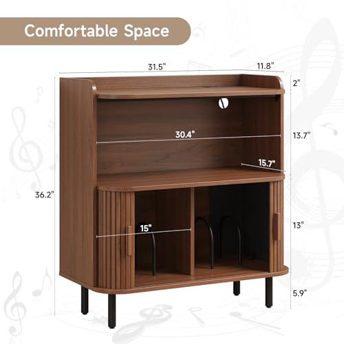 Mid Century Modern Record Player Stand with Charging Station,Walnut, view 3
