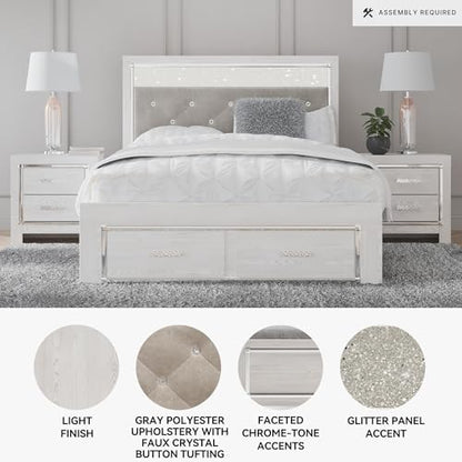 Signature Design by Ashley Altyra Contemporary Adjustable Tufted Queen Upholstered Storage Platform Bed with LED Lights and 2 Drawers, Foundation or Box Spring Not Needed, White & Gray