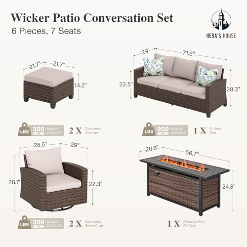 Swivel Glide Patio Furniture Set with 56" Fire Pit Table, 6 Pieces Outdoor Wicker Sectional Conversation Sofa Sets for Lawn Backyard Deck, Beige
