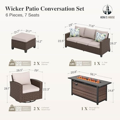 Swivel Glide Patio Furniture Set with 56" Fire Pit Table, 6 Pieces Outdoor Wicker Sectional Conversation Sofa Sets for Lawn Backyard Deck, Beige