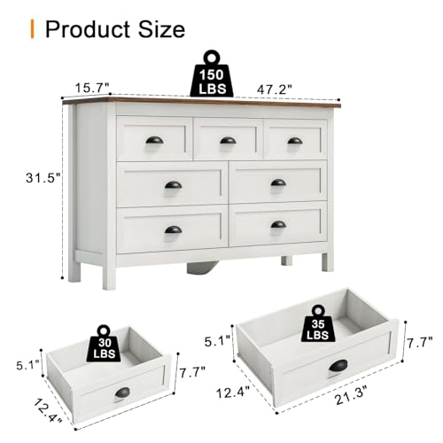 Antique White 7 Drawer Dresser for Bedroom, Farmhouse Wood Chest, view 3