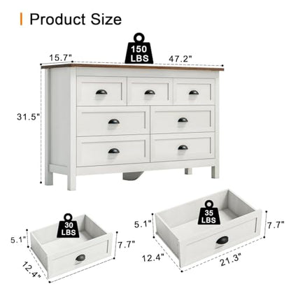 Antique White 7 Drawer Dresser for Bedroom, Farmhouse Wood Chest, view 3