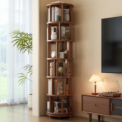 6 Tier Rotating Bookshelf Tower, Solid Wood Bookshelf on Wheels, Circular Book Shelf Rotating, Revolving Bookcase for Small Spaces, Corner Book Case, Spinning Book Shelf for Bedroom, Walnut