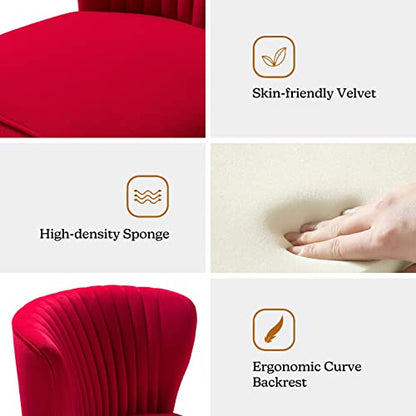 Velvet Armless Accent Chair, Upholstered Modern Small Side Chair with Golden Legs, Comfy Cute Wingback Slipper Chair for Living Room, Study, Beauty Room, Thickly Padded(RED)