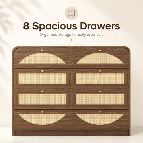 Rattan Dresser for Bedroom,59" Modern Closet Dressers Chest with 8 Drawers,Boho TV Stand for for Bedroom,Living Room,Hallway