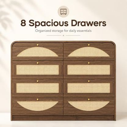 Rattan Dresser for Bedroom,59" Modern Closet Dressers Chest with 8 Drawers,Boho TV Stand for for Bedroom,Living Room,Hallway
