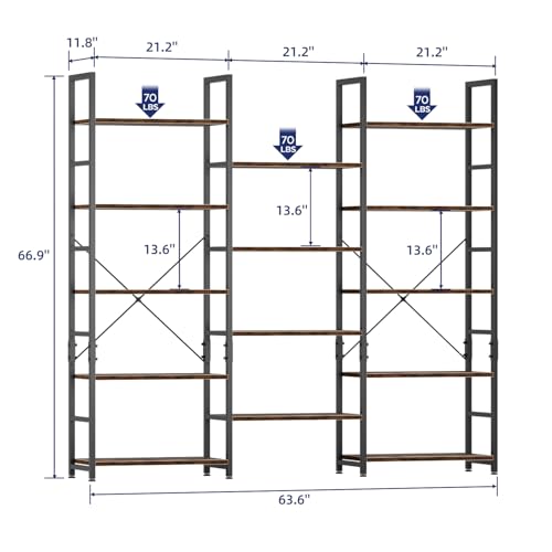 Triple Wide 5 Tier Bookshelf, Rustic Industrial Style Bookcases with 14 Open Display Shelves, Modern Tall Bookcase Furniture for Bedroom, Living Room and Home Office, Vintage