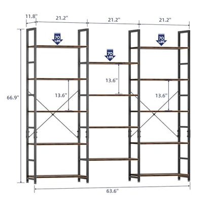 Triple Wide 5 Tier Bookshelf, Rustic Industrial Style Bookcases with 14 Open Display Shelves, Modern Tall Bookcase Furniture for Bedroom, Living Room and Home Office, Vintage