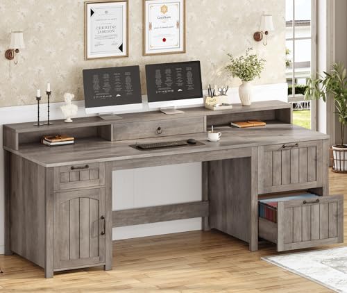 Farmhouse 63" Executive Desk, Wood Computer Desk with Drawers and Storage Cabinet, Home Office Desk with File Drawer and Monitor Stand, Wood Desk for Work Study Writing, Grey