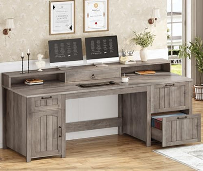 Farmhouse 63" Executive Desk, Wood Computer Desk with Drawers and Storage Cabinet, Home Office Desk with File Drawer and Monitor Stand, Wood Desk for Work Study Writing, Grey