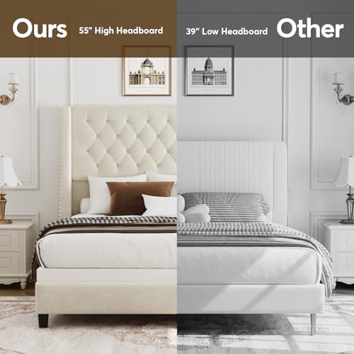 Queen Upholstered Bed Frame, 55.4'' Tall Headboard with Wingback, view 7