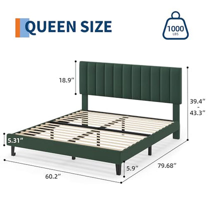 Queen Size Platform Bed Frame with Upholstered Headboard, Dark Green, view 3