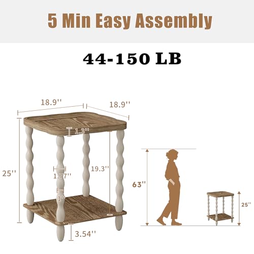 End Table, 2-Tier Farmhouse Side Table, 18.9'' Handcrafted Weathered Wooden Nightstand, Pine Leg, Square Arc Small End Tables for Living Room, Small Space, Bedroom, Boho, Easy Assembly, Beige