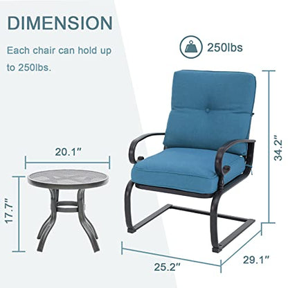 Outdoor Furniture 3Pcs Patio Bistro Set, Springs Motion Chairs and Bistro Round Table Set, Metal Small Patio Conversation Set with Cushions (Peacock Blue)