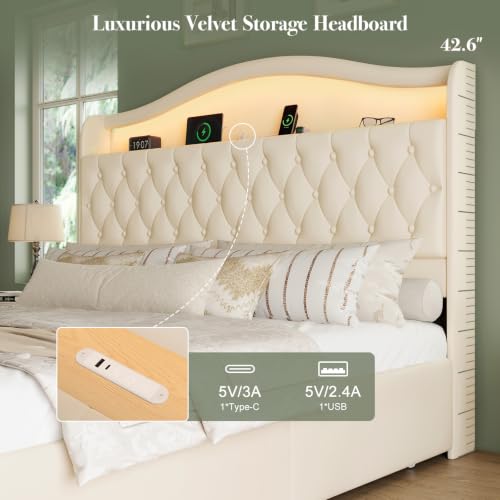 King Size Bed Frame with 4 Storage Drawers, Beige, view 6