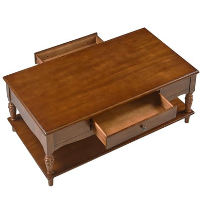 Rectangular Coffee Table with 2 Storage Drawers, Mid-century Solid Wood Living Room Table with Carved Leg, Elegant Vintage Center Table, No-Tools Assembly, 43.3”L x 23.6”W x 18”H Caramel Brown KFZC008