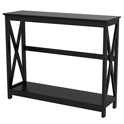 Black two tier X design console table with storage shelf, view 2