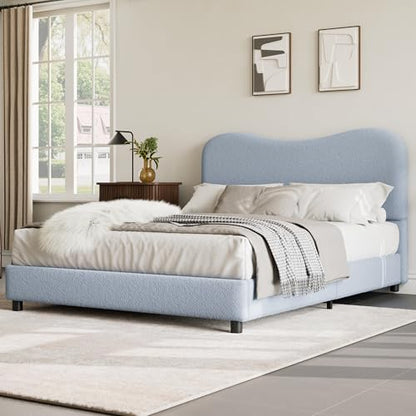 Queen Bed Frame with Boucle Fabric, Blue, view 3