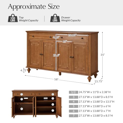 58" Sideboard Storage Cabinet, 4 Doors Storage Sideboard with Adjustable Shelves & 2 Drawers, Chic Channel Design, Transitional Buffet, Acorn