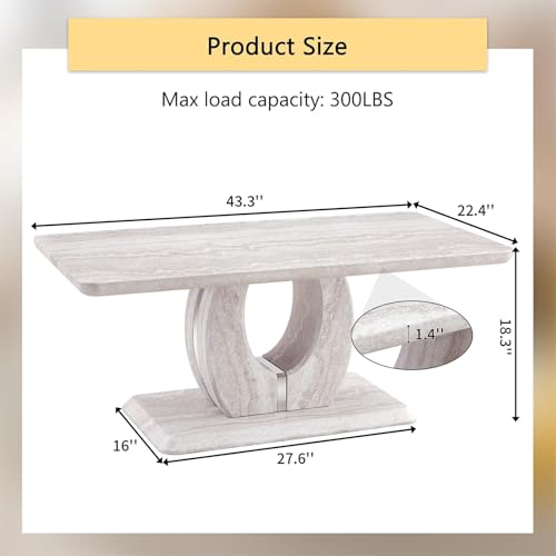 43" Modern Minimalist Faux Travertine Coffee Table with Sculptural Pedestal Base, Rectangular MDF Center Table with Metallic Silver Accent, Contemporary Living Room Table, Easy Assembly