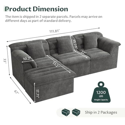 112" Modular Cloud Sectional Couch with Ottoman, Modern Upholstered Compressed Sofa with Deep Seat, Comfy L-Shape Corduroy Couches for Living Room, No Assembly Required, Dark Gray