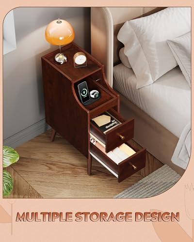 Small Nightstand with Drawers, Narrow Bedside Tables with Open Shelf & Cable Hole, Narrow Nightstand for Bedroom, Modern Storage Cabinet for Small Spaces/Living Room, Cherry