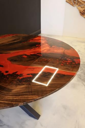 RESINHOMEFURNITURE Round Epoxy Resin Table with Red River Design – Modern Wooden Resin Dining Table with Black Metal Base, Handmade Live Edge Centerpiece Epoxy Table (18 Inches Tall, 30 x 30 Inches)