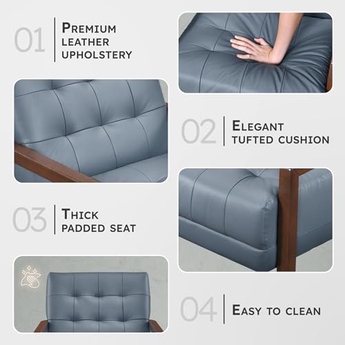 Modern Accent Chair, Luxury Genuine Leather Match Living Room Chair with Tufted Cushions, Solid Wood Frame and Arm Rest, Comfy Upholstered Single Seat for Bedroom/Reading/Office, Blue