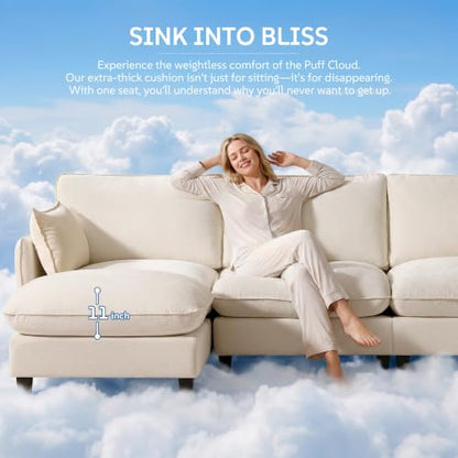 105" Modular Sectional Sofa, L-Shaped Cloud Couch with Oversized Large Cushions & Movable Ottoman, Chenille Deep Seat Couch for Living Room, Beige