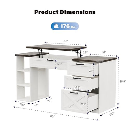 Farmhouse Lift Top Desk: Rustic Wood Standing Desk with 3 Drawers & Open Storage Shelves, Adjustable Height, White & Brown Home Office Computer Desk for Work, Study, Writing (White+Dark Walnut)