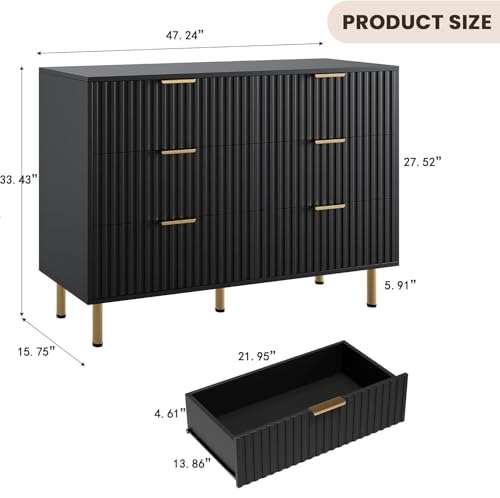 47.2" Fluted Black 6 Drawer Dresser for Bedroom with Deep Drawer, view 3