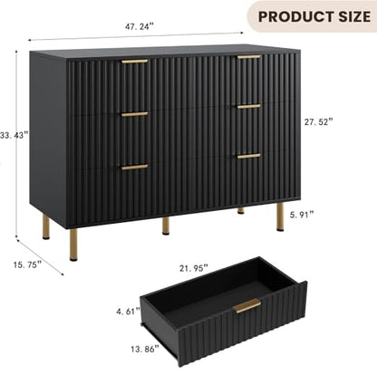 47.2" Fluted Black 6 Drawer Dresser for Bedroom with Deep Drawer, view 3