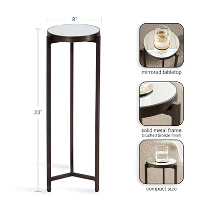 Aguilar Modern Mirrored Round Drink Table; 9 x 9 x 23; Bronze; Metal Accent Table with Mirrored Tabletop for Use as Small Plant Stand