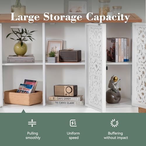Sideboard and Buffet with Storage, 3-Door Hollow-Carved Accent Cabinet, Distressed Wood Storage Cabinet Cupboard for Kitchen, Dining Room, Living Room, Entryway, White