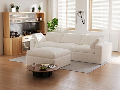 109’’ Cloud Couch for Living Room, Boneless Modular Sectional Sofa L-Shape with Ottoman Washable Cushion Cover, No Assembly Required, White (3-Seat + 1 Ottoman)