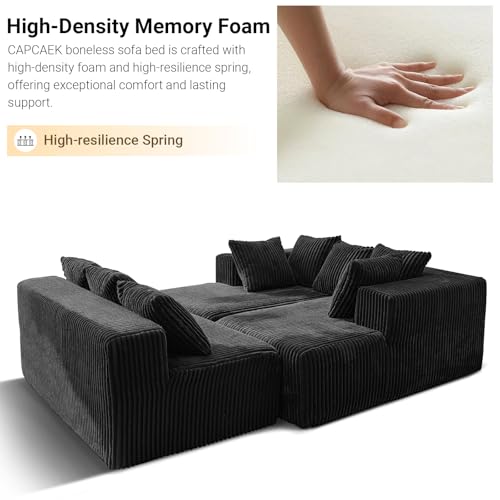 130" U Shaped Boneless Couch, Cloud Boneless Sectional Couches for Living Room, Modular Spineless Sofa Bed with Deep Seat, High Density Foam Floor Couch with 8 Pillows No Assembly, Black Corduroy