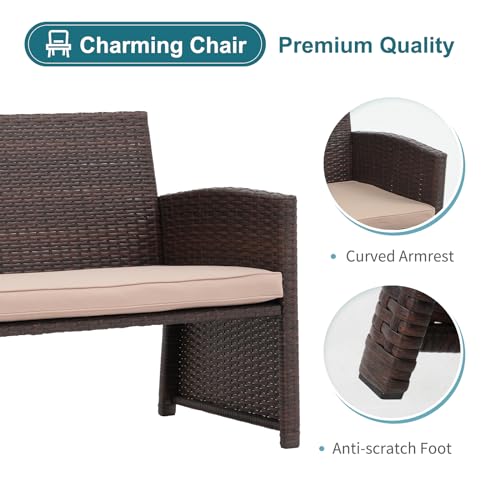 Outdoor Loveseat 3 Piece Patio Furniture Set Outdoor Conversation Set All-Weather Wicker Love Seat with Ottoman/Side Table, Brown Rattan, Beige