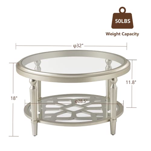 32" Round Glass Coffee Table with Storage, 2-Tier Modern Champagne Center Table for Living Room, Elegant Clear Glass Top Accent Table with Pine Wood Frame, Simple Home Office Furniture