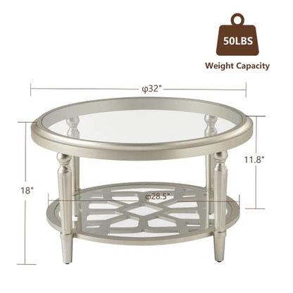 32" Round Glass Coffee Table with Storage, 2-Tier Modern Champagne Center Table for Living Room, Elegant Clear Glass Top Accent Table with Pine Wood Frame, Simple Home Office Furniture