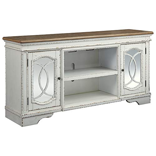 Signature Design by Ashley Realyn 74" Farmhouse TV Stand with Fireplace Option, White Entertainment Center for TVs up to 85", Antiqued Chipped White, Wood, Veneer and Engineered Wood