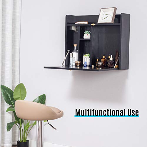 Wall Mounted Table, Multifunctional Fold Down Wall Mounted Laptop Computer Desk with Storage Compartments for Home, Office (Black)