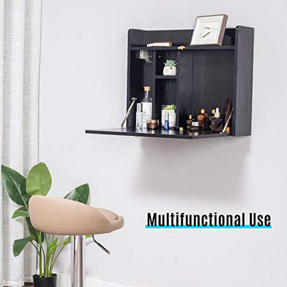Wall Mounted Table, Multifunctional Fold Down Wall Mounted Laptop Computer Desk with Storage Compartments for Home, Office (Black)