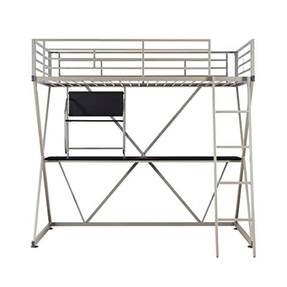 Powell Furniture Z-Bedroom Metal Pewter Powder Coated Twin Size Loft Study Bunk Bed with Computer Desk