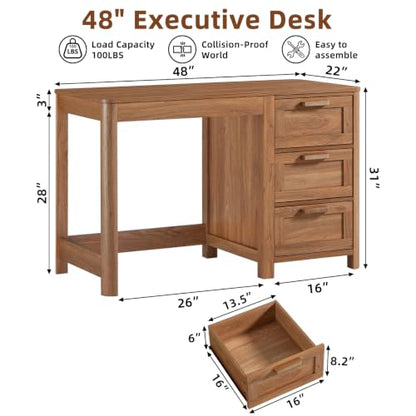 48-Inch Farmhouse Home Office Desk with 3 Drawers,Brown, view 3