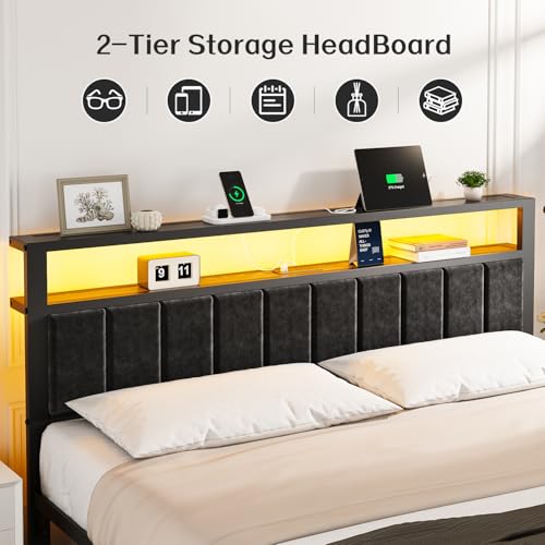King Bed Frame with Charging Station & LED Lights, view 4