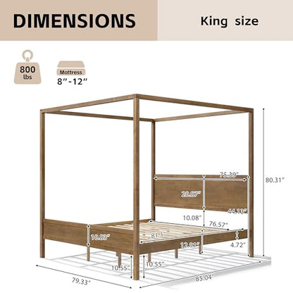 King Canopy Bed Frame with Headboard & 4 Posters, Antique Natural, view 3