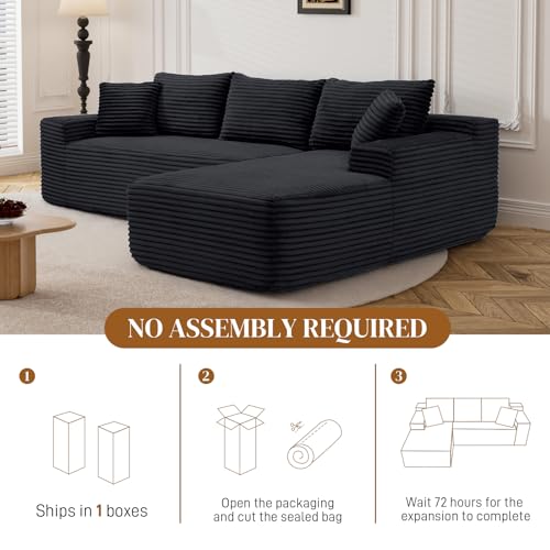 95" L Shaped Boneless Sectional Couches, Wide Armrest, Deep Seat, Memory Foam, Assembly Free, Modern Comfy Corduroy Fluffy Cloud Sofa with Right Chaise for Living Room, Small Spaces, Black
