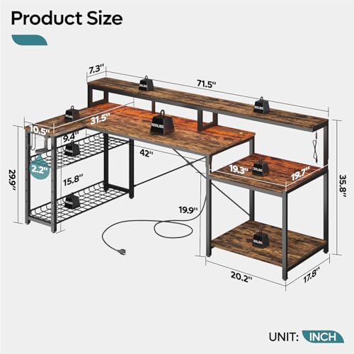 71.5 inch Computer Desk with Power Outlets, L Shaped LED Home Office Desk with Long Monitor Stand, Large Corner Desk with Storage Shelf, Cup Holder & Headset Hooks, Modern Simple Table