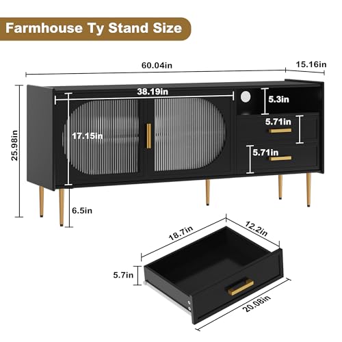 Modern 60” TV Stand for 55/60/65 inches TVs, Glass Door TV Console Table with Drawers, Entertainment Center with Storage, Black Television Stands, Wood Media TV Cabinet, Living Room