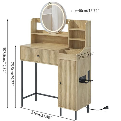 Women Bedroom Furniture Set of 2 Fluted Dresser and Makeup Vanity Desk with Charging Station Wood Dressing Table with 3 Lighting Modes and Accent Fluted Drawer Dresser for Women's Bedroom